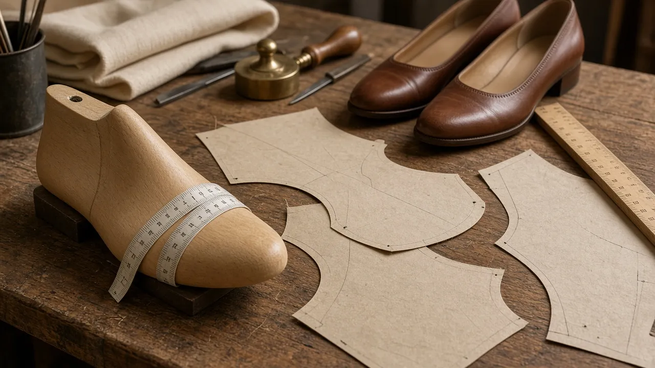 Shoe last, tape measure and graded paper patterns in a technical fit studio